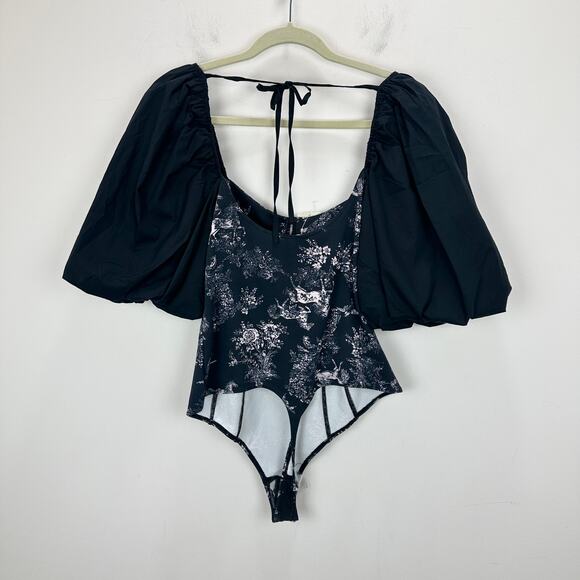 Free People Prarie Rose Puff Sleeve Bodysuit Black Coquette Romantic Large NWT - Picture 9 of 13